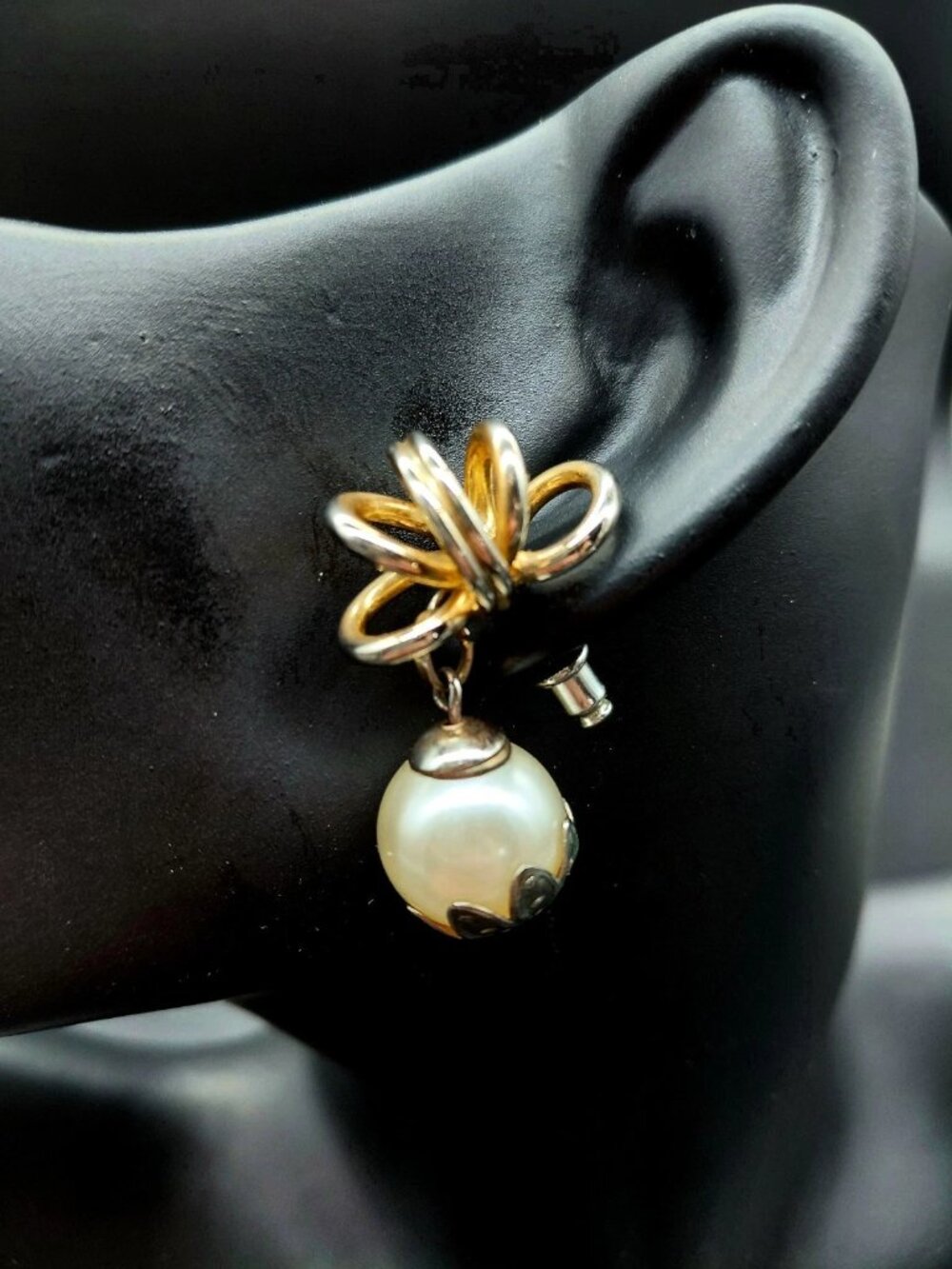 Gold Tone Multi Loop Ribbon Bow Faux Pearl Drop Dangle Statement Earrings